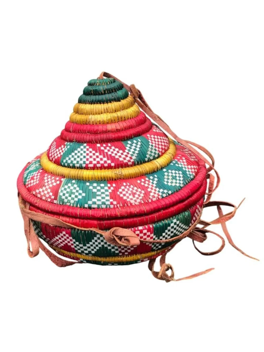Ethiopian Handwoven Multi-Color Coiled Basket Lid Leather Straps Traditional Des
